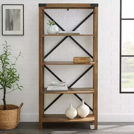 Rustic Oak Metal X Frame Back Bookshelf