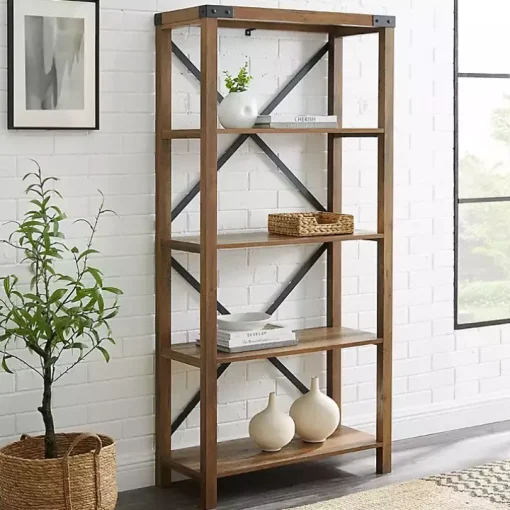 Rustic Oak Metal X Frame Back Bookshelf