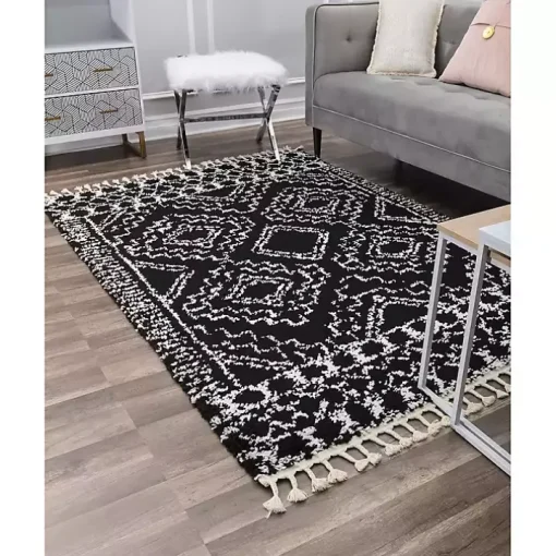 Sable Black and White Moon Area Rug, 5x7
