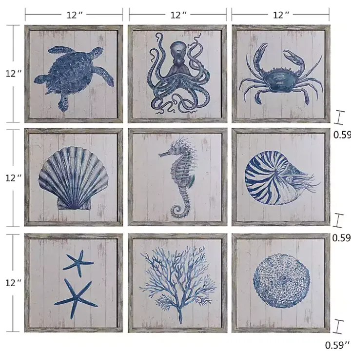 Sea Creatures Framed Wood Art Prints, Set of 9