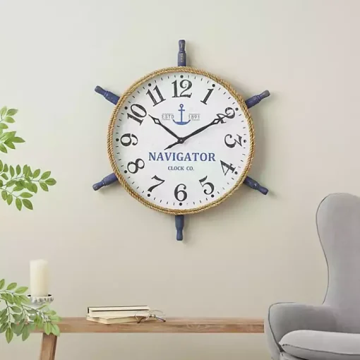 Ship Wheel Wood and Rope Wall Clock