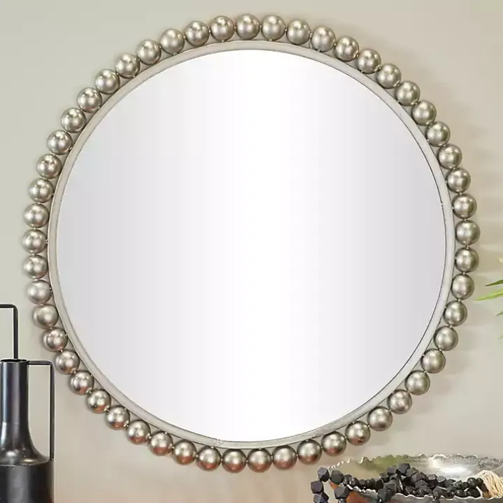 Silver Metal Round Beaded Frame Wall Mirror