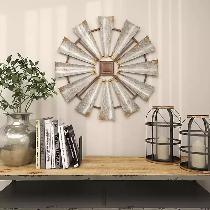 Silver Metal Windmill Wall Plaque