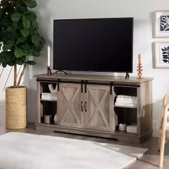 Sliding Barn Door Open Shelf Gray Wash TV Stand