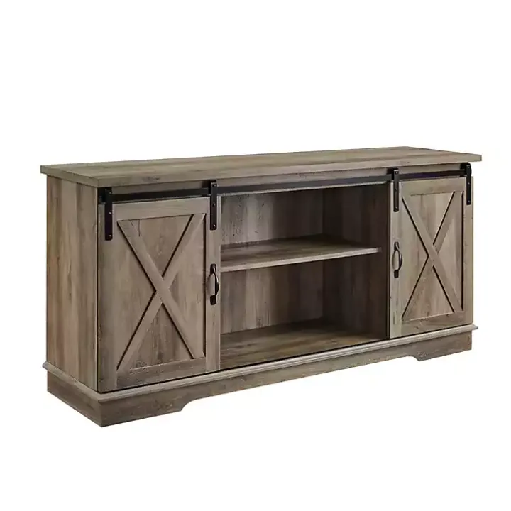 Sliding Barn Door Open Shelf Gray Wash TV Stand