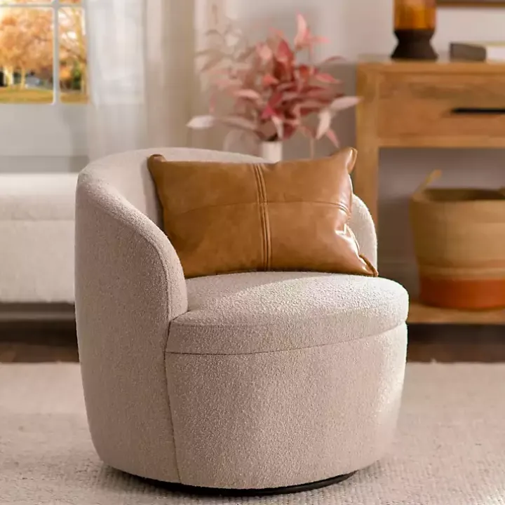 Small Round Sand Boucle Swivel Accent Chair