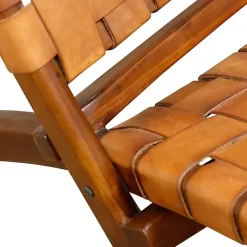 Solid Teak and Genuine Brown Leather Lounge Chair