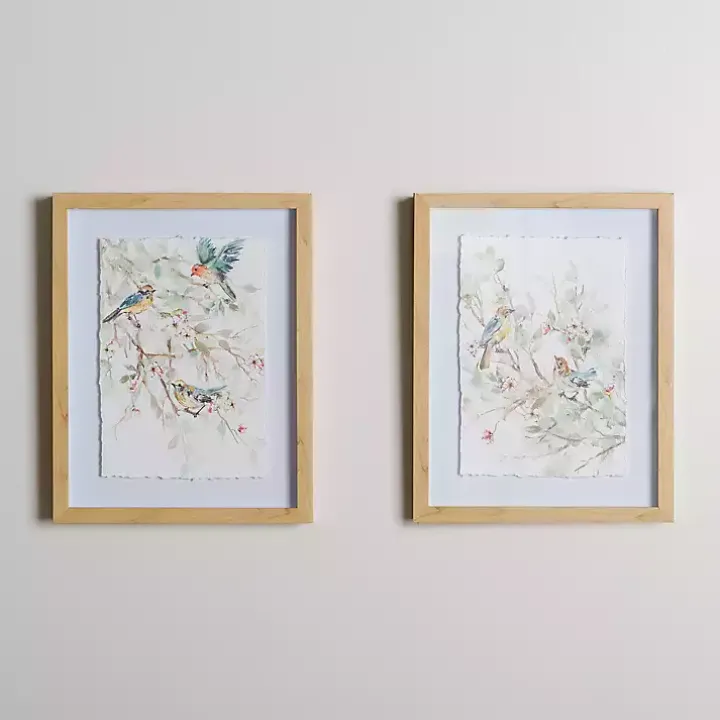 Spring Birds on Branch Framed Art Prints, Set of 2