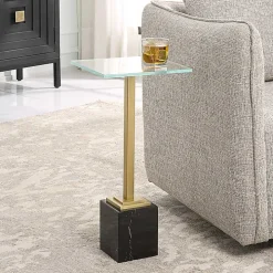 Square Glass and Black Marble Accent Table