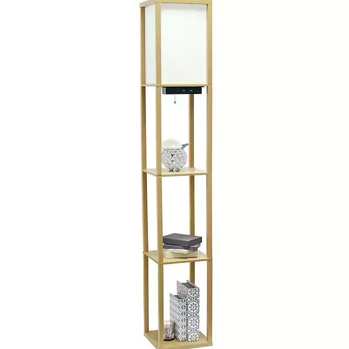 Tan Etagere Shelf Charging Floor Lamp