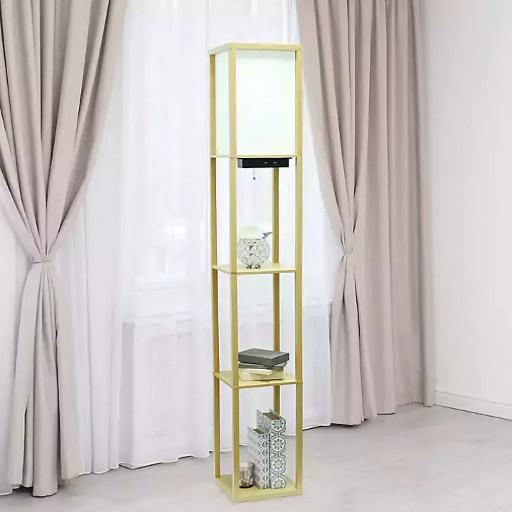 Tan Etagere Shelf Charging Floor Lamp