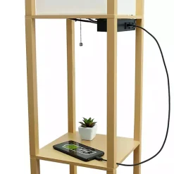 Tan Etagere Shelf Charging Floor Lamp