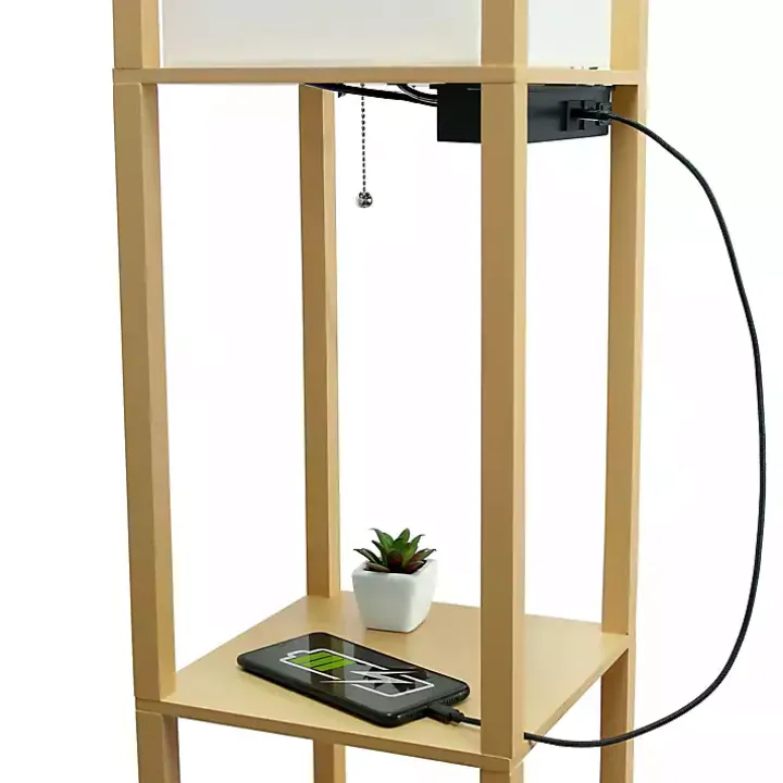 Tan Etagere Shelf Charging Floor Lamp