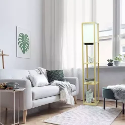 Tan Etagere Shelf Charging Floor Lamp
