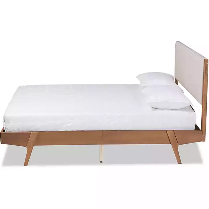 Tan Upholstered Brown Wood Full Platform Bed