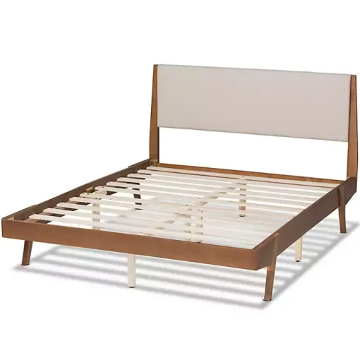 Tan Upholstered Brown Wood Queen Platform Bed