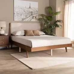 Tan Upholstered Brown Wood Full Platform Bed