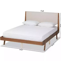 Tan Upholstered Brown Wood Full Platform Bed