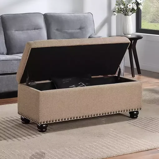 Tan Upholstered Carey Storage Ottoman Bench