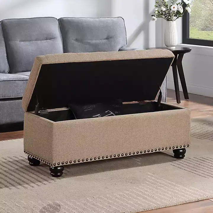 Tan Upholstered Carey Storage Ottoman Bench