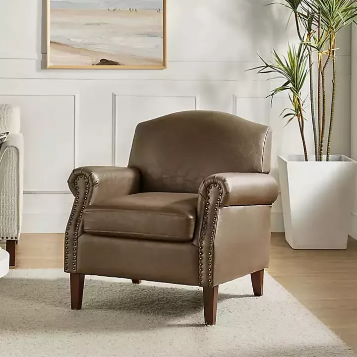 Taupe Faux Leather Nailhead Taylor Armchair