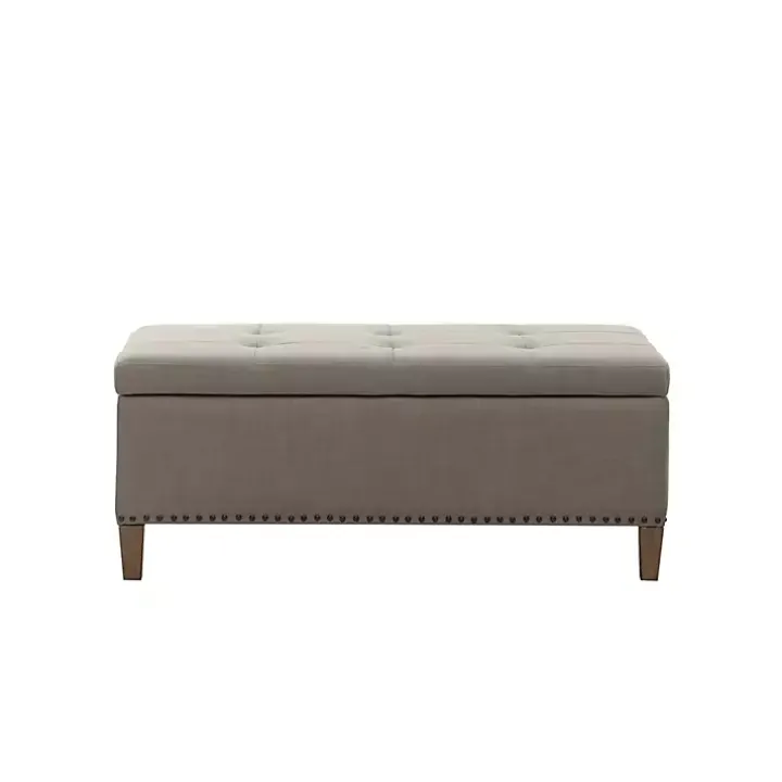 Taupe Linen Button Tufted Storage Bench