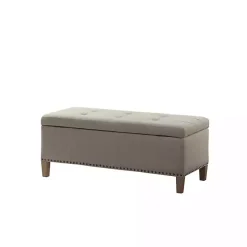 Taupe Linen Button Tufted Storage Bench