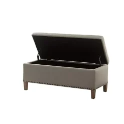 Taupe Linen Button Tufted Storage Bench