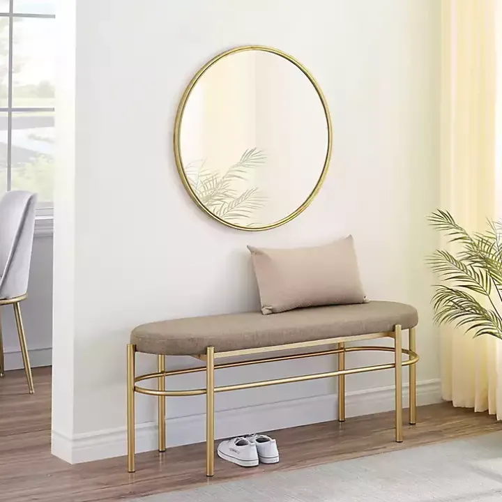 Taupe Upholstered Gold Metal Leg Bench