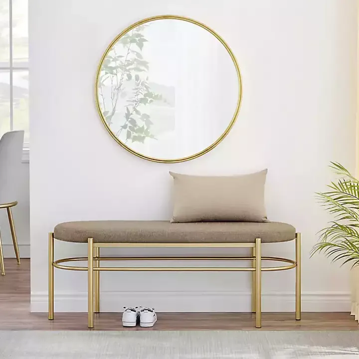 Taupe Upholstered Gold Metal Leg Bench