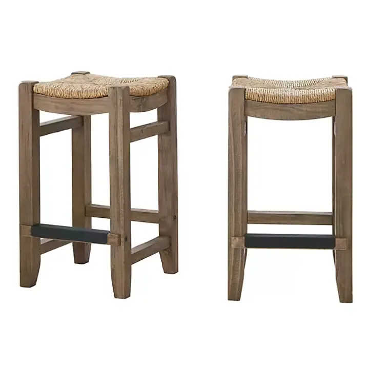 Twisted Seagrass and Wood Counter Stools, Set of 2