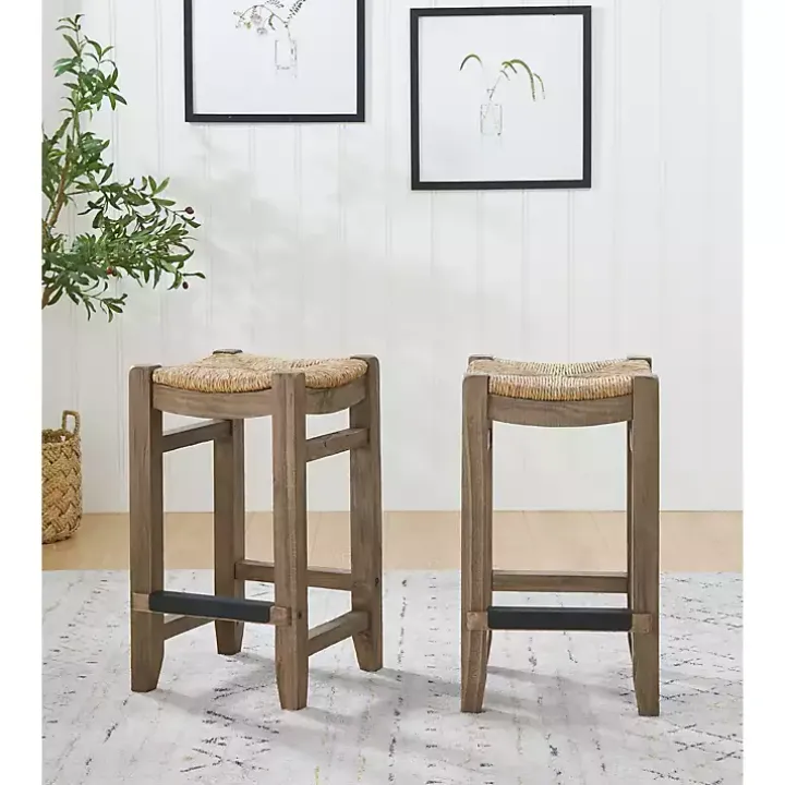 Twisted Seagrass and Wood Counter Stools, Set of 2