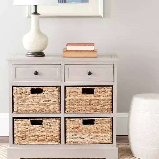 Vintage Gray Cabinet with Woven Baskets