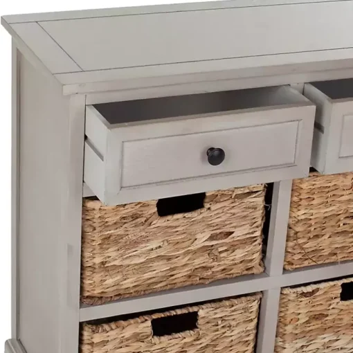 Vintage Gray Cabinet with Woven Baskets
