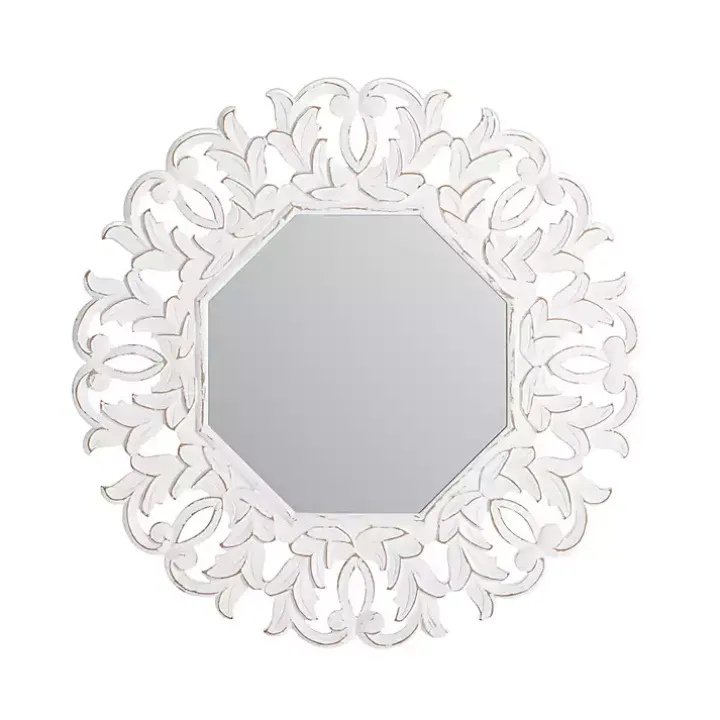 Vintage White Carved Octagon Wall Mirror