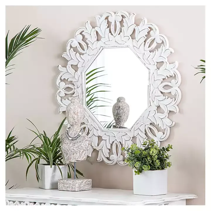 Vintage White Carved Octagon Wall Mirror