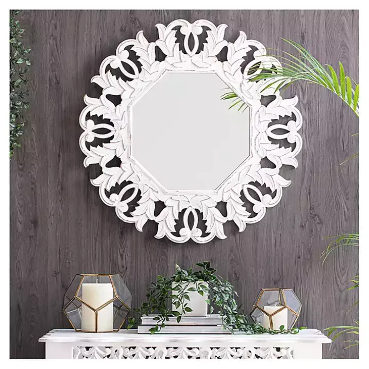Vintage White Carved Octagon Wall Mirror