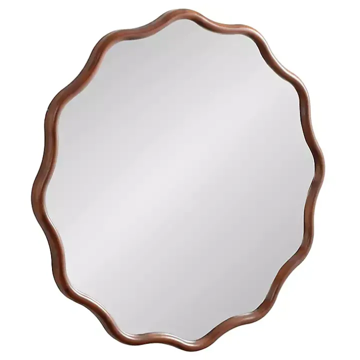 Walnut Brown Wavy Scallop Round Wall Mirror