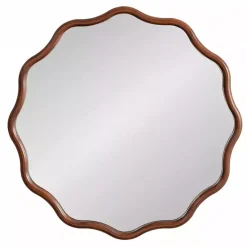 Walnut Brown Wavy Scallop Round Wall Mirror