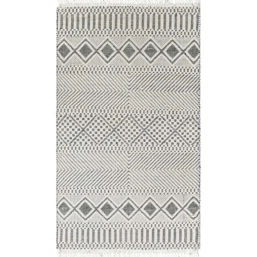 White and Black Diamond Tassel Wool Area Rug, 8x10