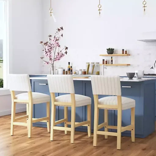 White and Blue Striped Natural Counter Stool