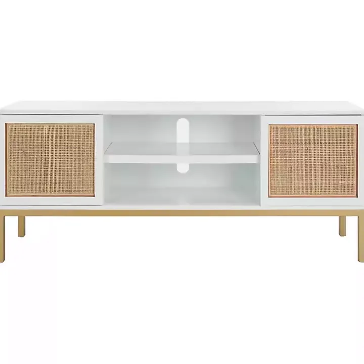 White and Gold Rattan Media Cabinet