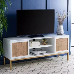 White and Gold Rattan Media Cabinet