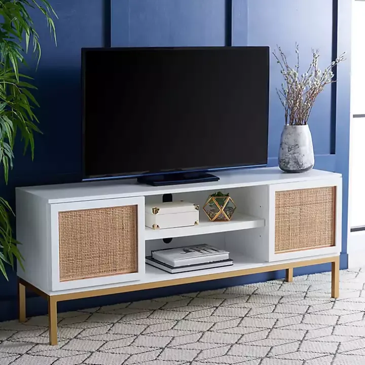 White and Gold Rattan Media Cabinet