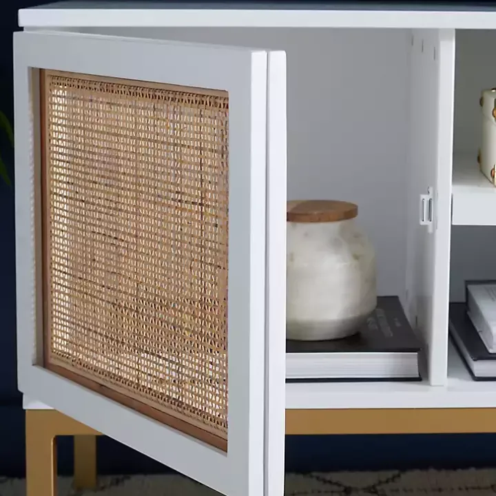 White and Gold Rattan Media Cabinet