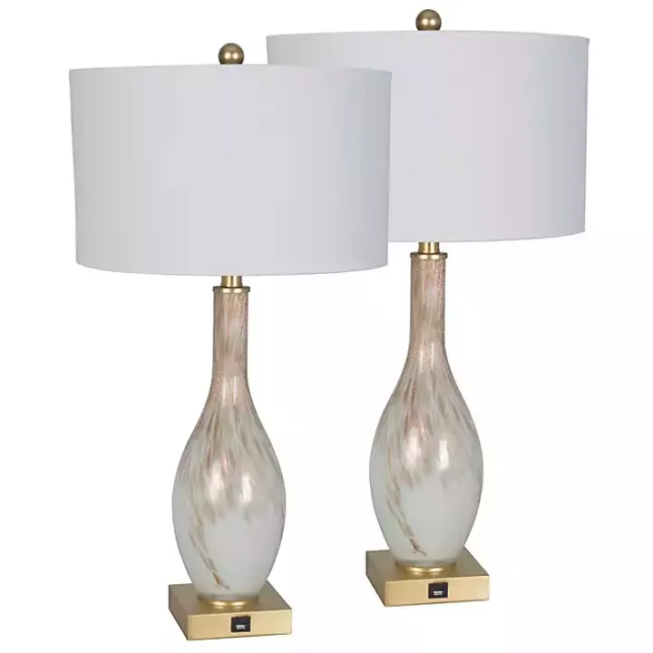 White and Gold Swirl Glass Table Lamps, Set of 2