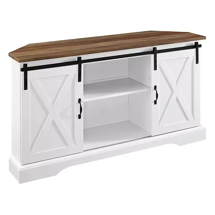 White and Natural Sliding Barn Door TV Stand