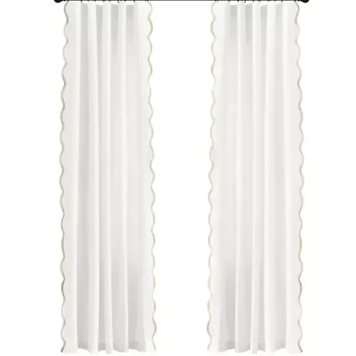 White and Tan Scalloped Curtain Panel Set, 84 in.