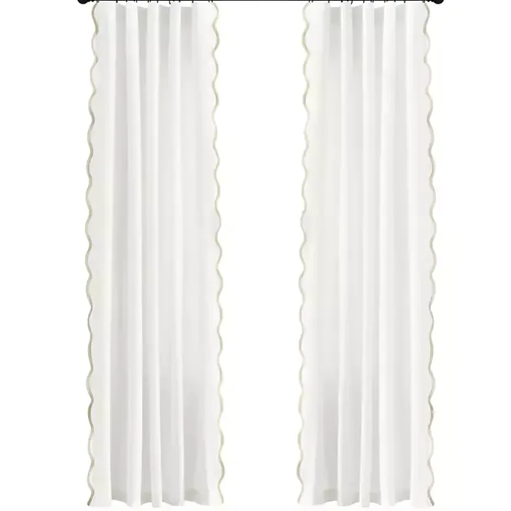 White and Tan Scalloped Curtain Panel Set, 84 in.