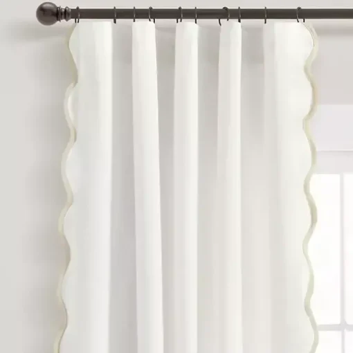 White and Tan Scalloped Curtain Panel Set, 84 in.